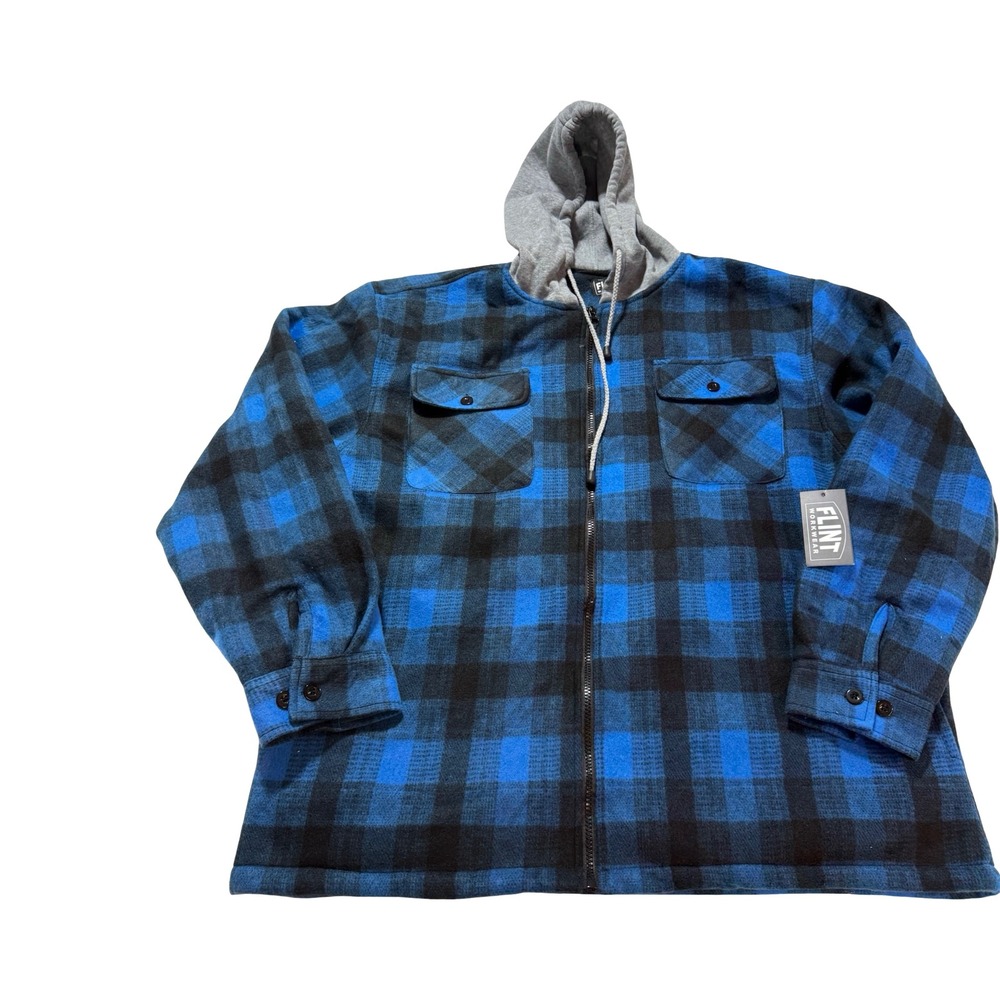 Flint Workwear Hooded Flannel Shacket Mens L Blue Black Buffalo Plaid Sherpa Zip